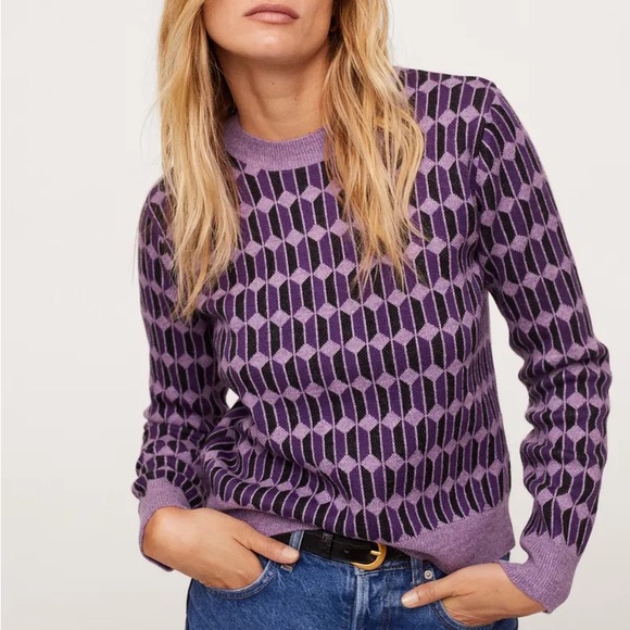 Mango Sweaters - Mango MNG Geometric Crewneck Sweater, Purple Black Women’s S